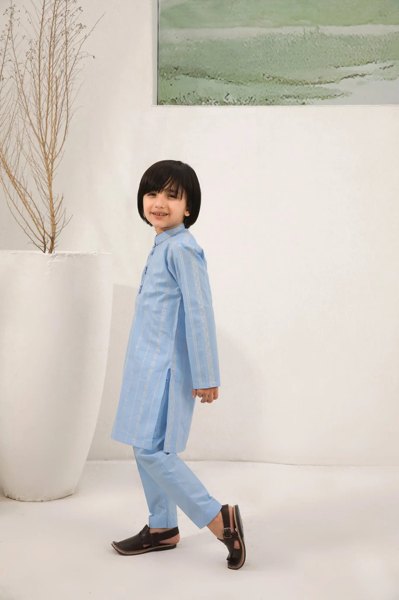 Sky Blue Cotton Embroidered Kurta Trouser - Kids
