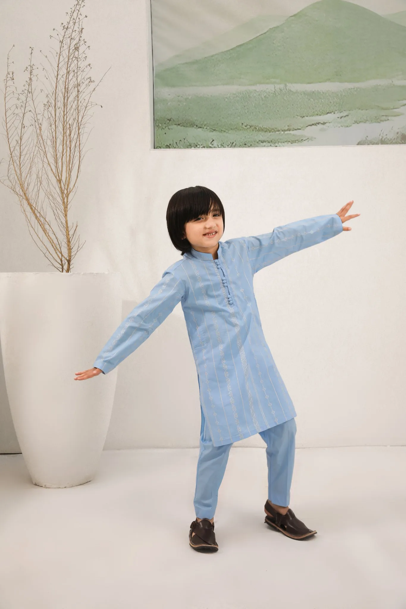 Sky Blue Cotton Embroidered Kurta Trouser - Kids