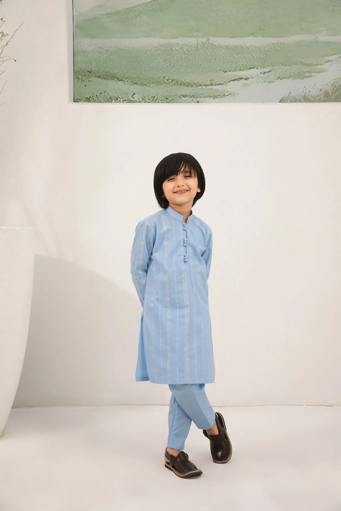 Sky Blue Cotton Embroidered Kurta Trouser - Kids