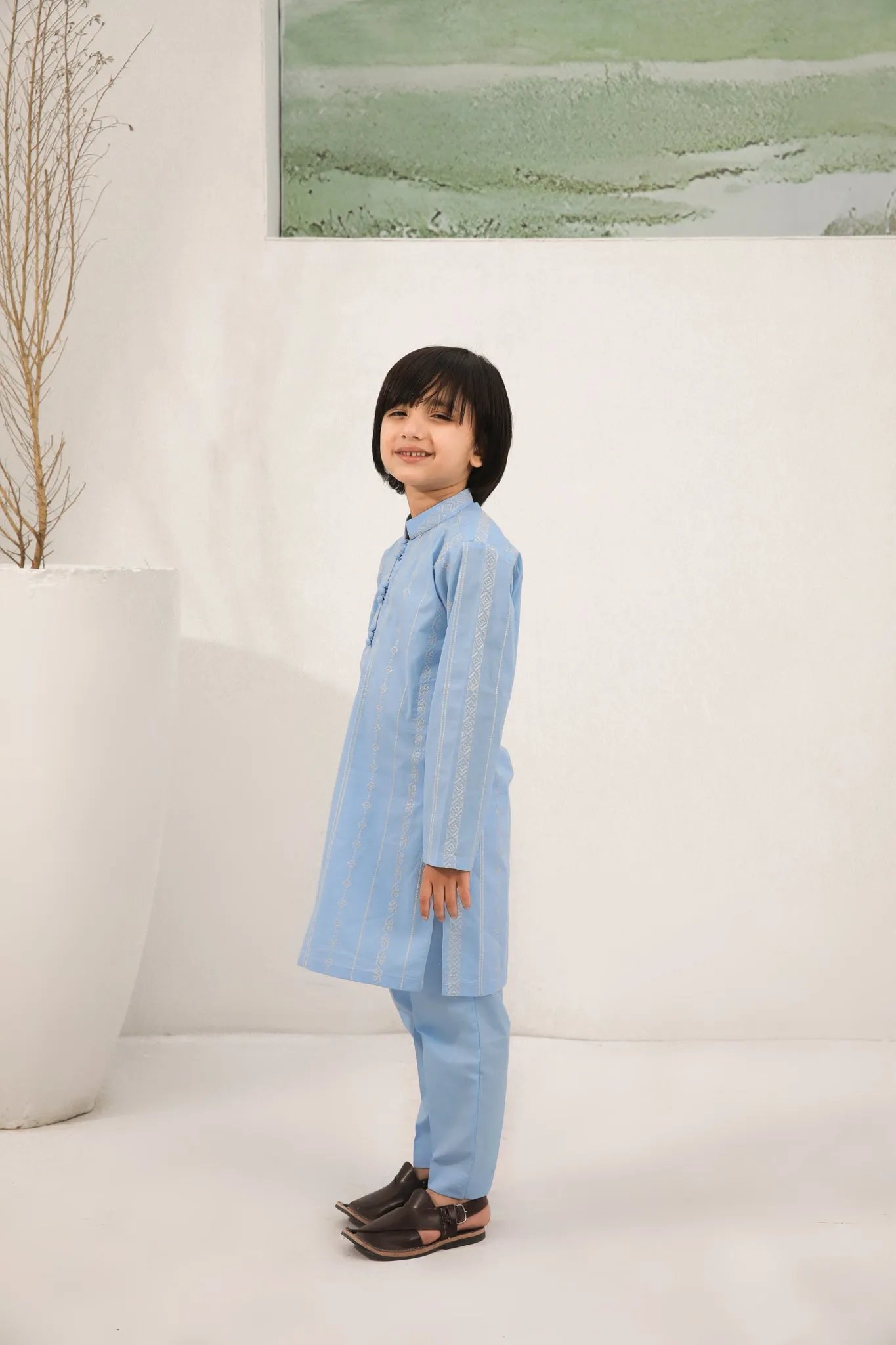 Sky Blue Cotton Embroidered Kurta Trouser - Kids