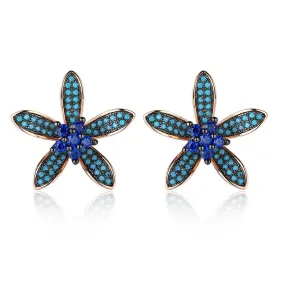 Unique 925 Silver Lilac Flower Stud Earrings with Blue Cubic Zirconia Stones, Fashion Jewelry Ear Stud, Best Gift Option for Women