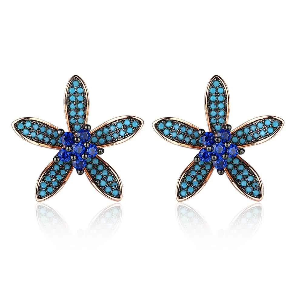 Unique 925 Silver Lilac Flower Stud Earrings with Blue Cubic Zirconia Stones, Fashion Jewelry Ear Stud, Best Gift Option for Women