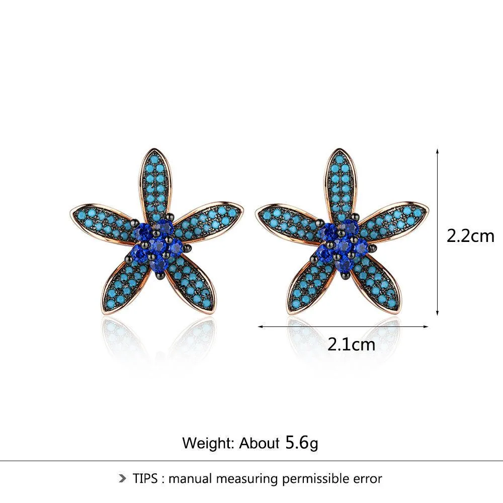 Unique 925 Silver Lilac Flower Stud Earrings with Blue Cubic Zirconia Stones, Fashion Jewelry Ear Stud, Best Gift Option for Women
